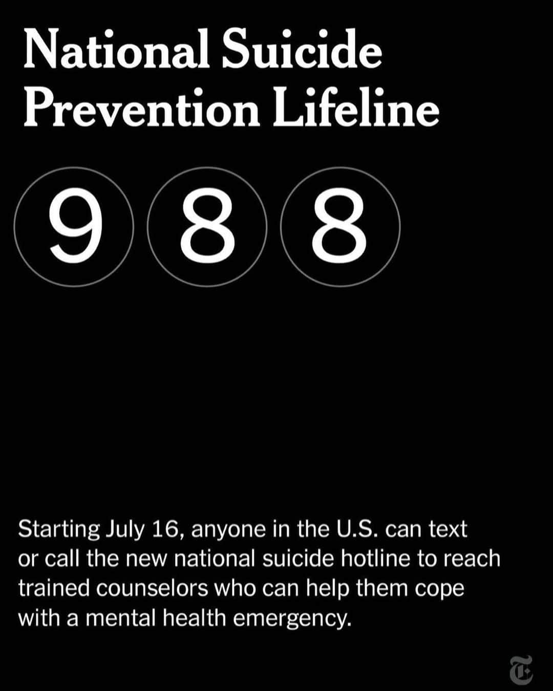Jason G. Sturgillのインスタグラム：「Starting on July 16th, people who are experiencing mental distress will be able to dial just three numbers to reach the National Suicide Prevention Lifeline.  Anyone in the U.S. can text or call 988 to reach trained counselors who can help them cope with a mental health emergency, and direct them to additional resources for mental health and substance use treatment.  The Lifeline’s existing 1-800 number still works, but the service has gotten a makeover and will now be more able to address general mental health concerns and emotional distress, as well as suicide crises.  Employees and volunteers staffing the 24-hour hotline will be trained counselors. In some states, they will now also be able to connect callers with local crisis teams.」