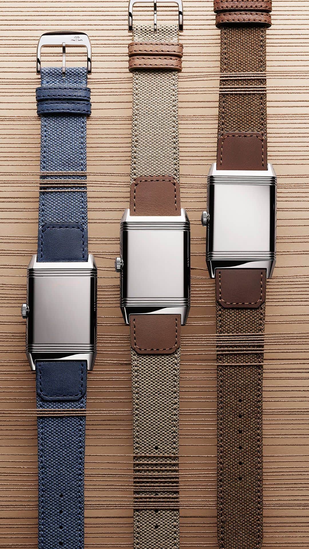 ジャガールクルトのインスタグラム：「Express your style. #Reverso _ Reverso Fagliano straps designed by @CasaFagliano Four seasonal shades _ Created in collaboration with @CasaFagliano, the straps  capture the relaxed mood of the season and lend an air of casual confidence to the timeless modernity of the Reverso. Express your style through a choice of four seasonal shades: sandy beige, light tan, pale blue and mid-grey. _ #JaegerLeCoultre #Reverso #CasaFagliano #SummerStraps #HomeofFineWatchmaking #Watchmaking #Craftsmanship #SavoirFaire」