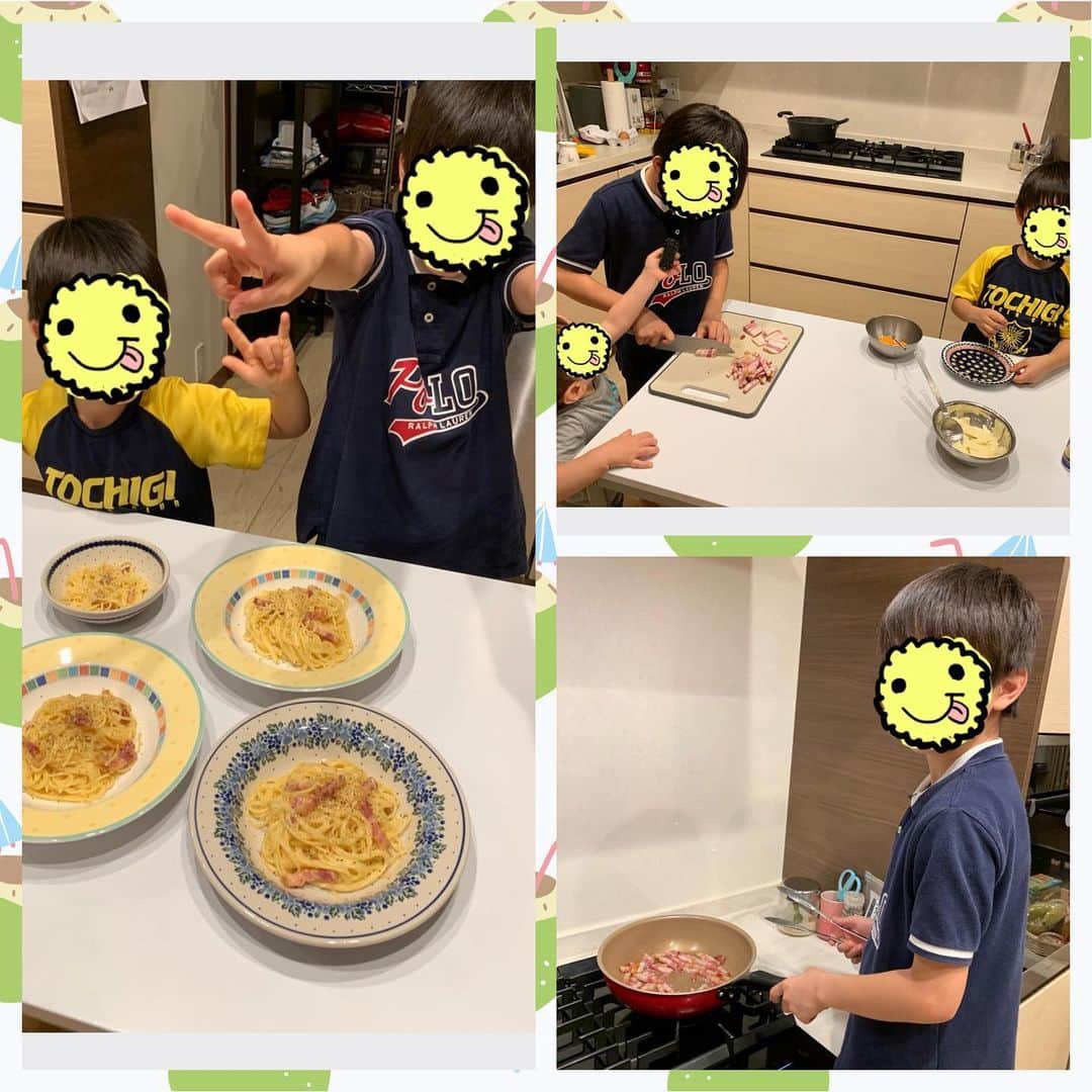 小倉優子さんのインスタグラム写真 - (小倉優子Instagram)「今日は一日自宅でのんびり過ごしました⭐️  お夕飯は、子供達とカルボナーラを作りました✨✨  ベーコン、粉チーズ、とろけるチーズ、卵黄のカルボナーラでした😊🌟  明日も何か作りたいと言うので、 寝る前に明日は何作ろうかとレシピ本を見ました⭐︎⭐︎  子供達と作ると私が一人で作ったご飯より美味しいです✨✨」7月16日 21時51分 - ogura_yuko_0826