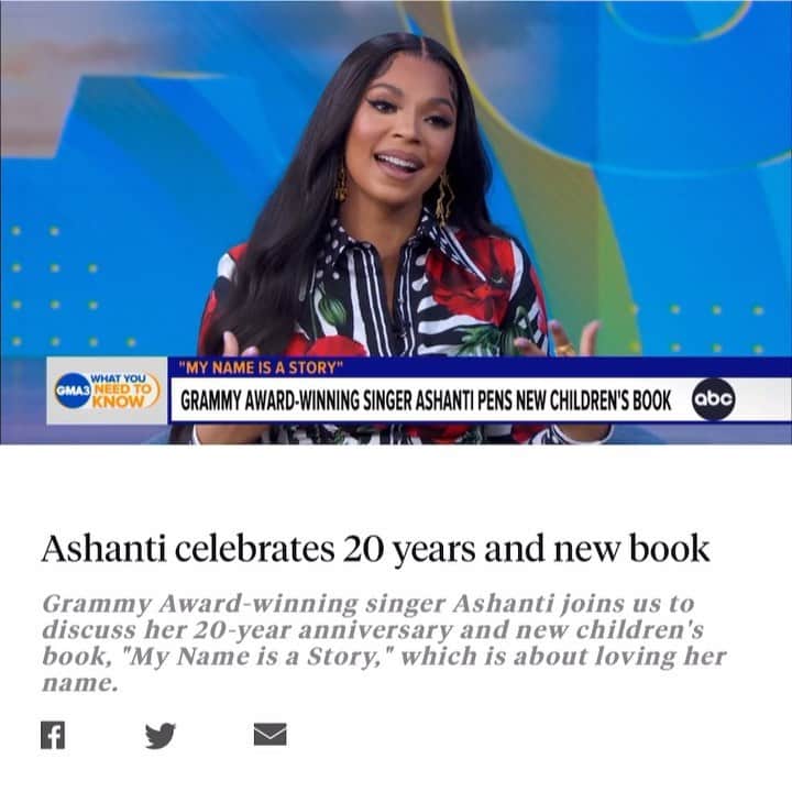 アシャンティのインスタグラム：「What an incredible feeling 😆🙏🏽📕💕 I had a blast on @abcgma3 “My name is a story” available everywhere now!!! Link in bio」