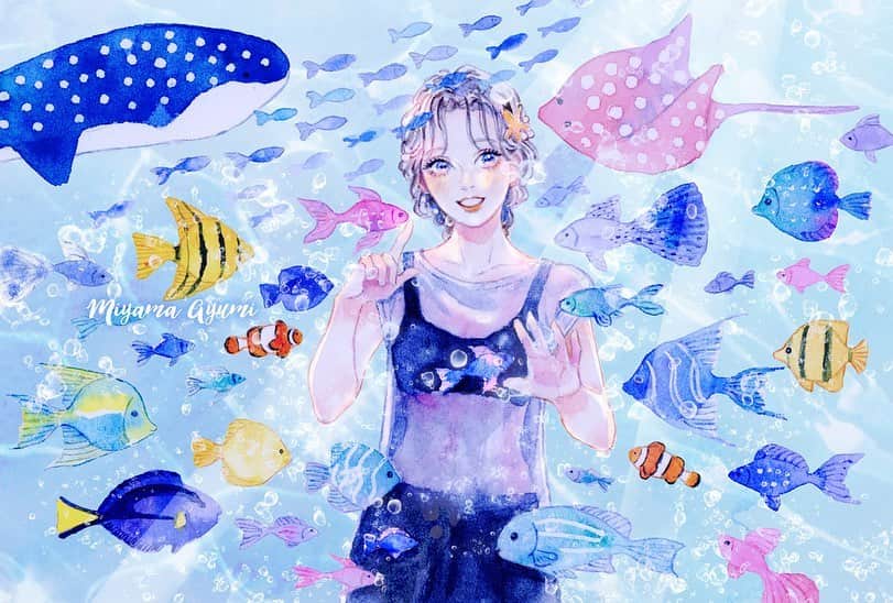 のインスタグラム：「🐠🐡🐟 #海の日  #透明水彩  #winsorandnewton #ウィンザーアンドニュートン  #artwork #watercolor #水彩 #art #illust #illustration #draw #illustrator #イラスト #イラストレーター #手描き #手書き #アナログ #アナログイラスト #ガールズイラスト #miyamaayumi #ファッション #fashion #ファッションイラスト #海の日 #海 #sea #アクアリウム #aquarium」