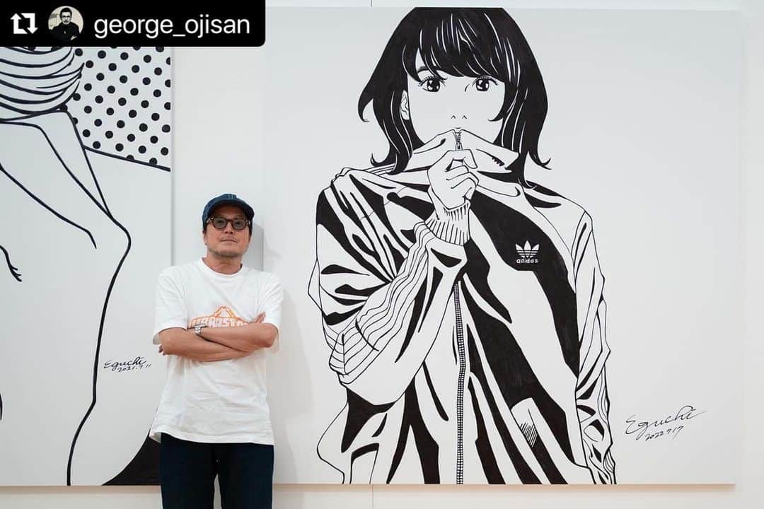 江口寿史のインスタグラム：「#Repost @george_ojisan with @use.repost ・・・ うまいこと言えないですけど 今回の展示は彼女ひとりひとり、向き合ってる時のBGMが違うなぁって思いました。  質問に答えながら描いていたライブドローイングは見ていた皆さんとのセッション、会場は江口さんの優しい空気で 満ちていた気がします。  映像や写真の江口さんも、人柄の柔らかさと、 一瞬本気になる時の硬さのコントラストがすごく強くて、見返しててゾクゾクする瞬間がありました。  週末には写真のライブドローイングを含む新しい映像を公開します。  #彼女展  #江口寿史  #岩手県立美術館」