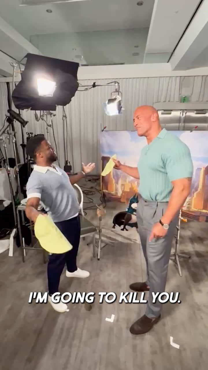 ドウェイン・ジョンソンのインスタグラム：「You can tell @KevinHart4Real has been waiting for the day he can finally slap the sh*t out of me with no consequences 👋🏾 😂😂  This was fun.   Our @DCLeagueOfSuperPets is IN THEATERS July 29th!   Click my bio for tix 🎟!  #DCSuperPets  #TortillaChallenge」