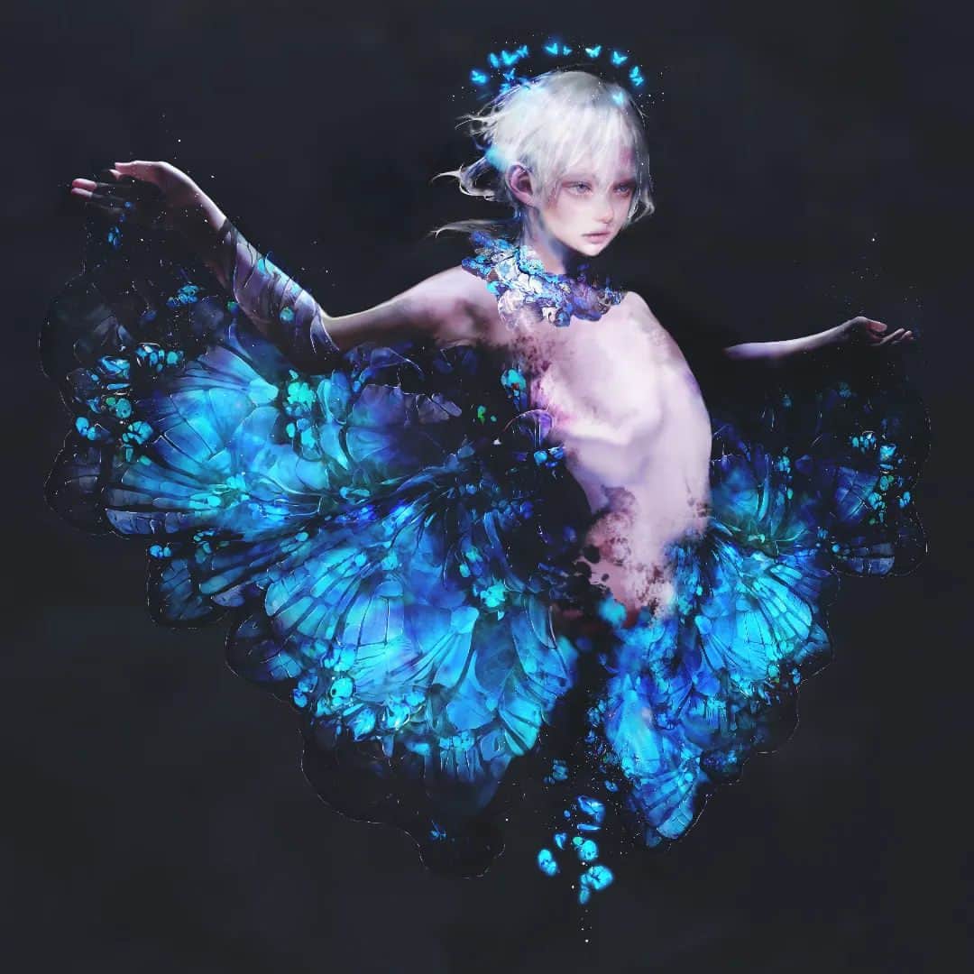 青依青のインスタグラム：「Butterfly effect  #青依青 #personalwork  #イラスト　#絵 #現代アート #art  #illust  #artwork #artstagram #artist #artgallery #illustrator #instaart #drawing #Angel  #blue #fairy #butterflyeffect #butterfly」