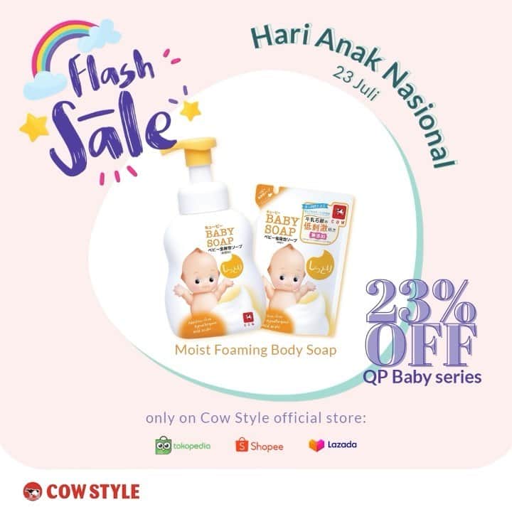 COWSTYLEIDのインスタグラム：「👦🏻 Selamat Hari Anak Nasional 🧒🏻  Flash sale hari ini minCow dedikasikan untuk merayakan hari Anak Nasional yaa. Diskon 23% berlaku untuk semua produk QP Baby!  Hanya hari ini di Cow Style official store ya, klik link di bio 💖  #cowstyleindonesia #cowstylebeauty #flashsale #harianaknasional #qpbaby #babysoap #babyshampoo」