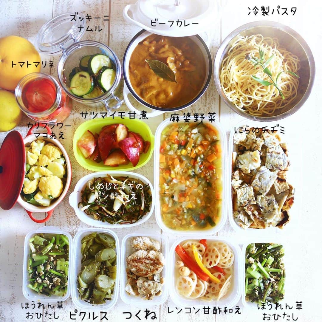amiのインスタグラム：「I made vegetable #dish  #つくりおき picで こんにちは❤️  久々にあげてみました🤍 毎日なるべく野菜がとれるように…  作り置きしておくと 毎日とっても楽なのです🥺  ． ✳︎トマトのマリネ ✳︎ズッキーニのナムル ✳︎ビーフカレー ✳︎冷製パスタ ✳︎カリフラワーのマヨ和え ✳︎サツマイモの甘煮 ✳︎しめじとネギのポン酢和え ✳︎麻婆野菜 ✳︎ニラのチヂミ ✳︎ほうれん草のお浸し ✳︎きゅうりのピクルス ✳︎つくね ✳︎レンコンの甘酢和え 　  ごちそうさまでした🤍  ． #花のある幸せごはん#テーブルコーディネート#テーブルコーデ#ジップロック#日本食#ヘルシー#ヘルシー料理#野菜好き#ダイエットメニュー#野菜好きな人と繋がりたい#作り置き#つくりおき記録#ヘルシーごはん#おうちごはん#つくりおきおかず #つくりおき生活」