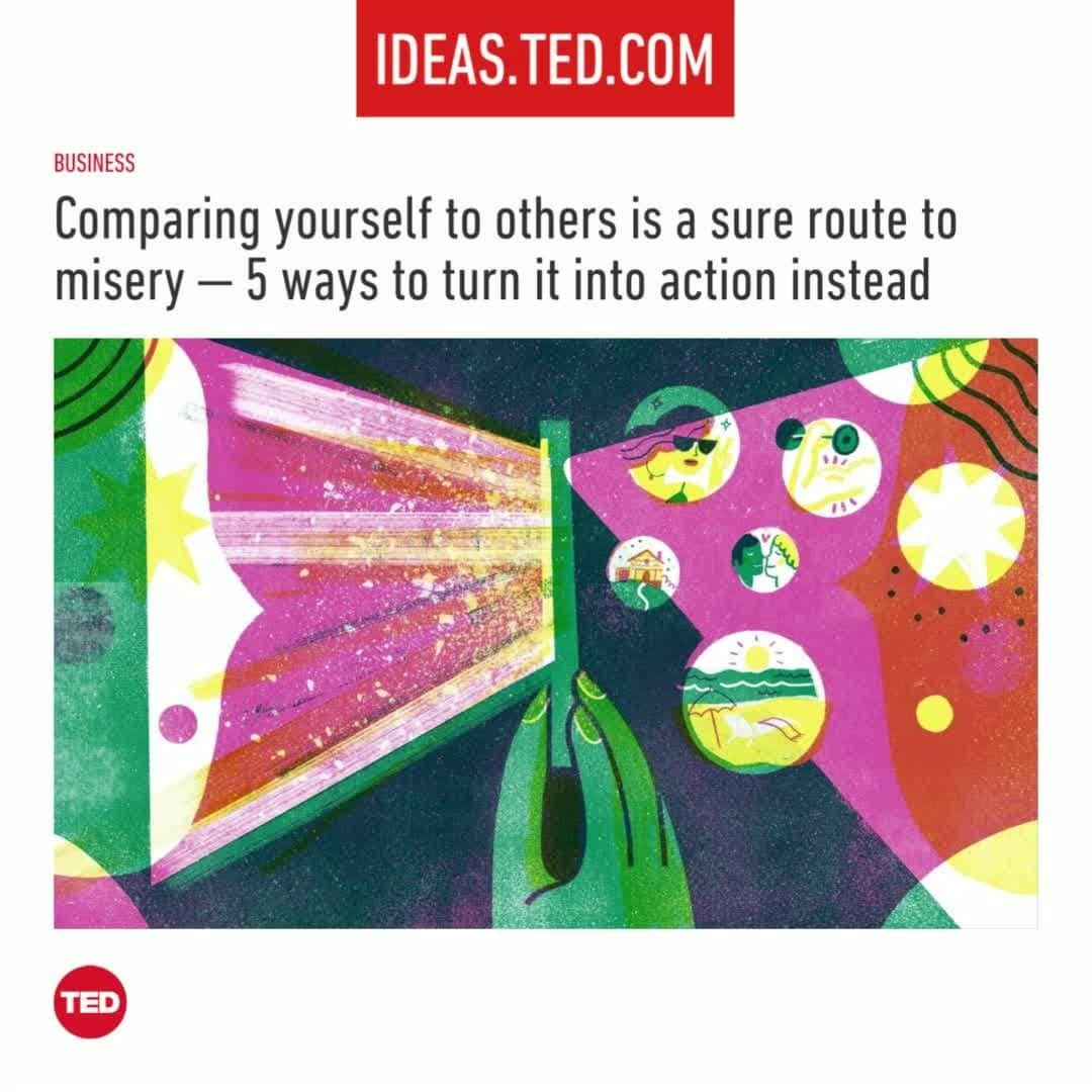 TED Talksのインスタグラム：「How often do you compare yourself to the people in your life? You know the feeling — you see that one picture on your friend's Instagram and think to yourself: "Why don't I have that?" and ”Everyone's doing so much better in their lives than I am". (We promise that’s not true!) The good news is, that you can learn from that feeling: "Comparison can teach you what you value when you see yourself envying someone doing something you want, even if you haven’t consciously allowed yourself to want it," say authors and content creators Liz Fosslien and Mollie West Duffy (@lizandmollie). So how do you stop feeling so jealous? The first step is to make yourself aware of what triggers your desires and redirect your emotions into positive action. Want more tips? Visit the link in our bio for a step-by-step guide. ⁠ ⁠ [Image credit: Bug Robbins]⁠ ⁠ #selfcompassion #psychology #selfesteem #mindset #mindfulness」