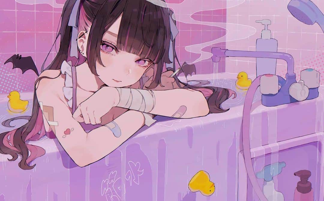 はむねずこのインスタグラム：「🛁  #イラスト#オリジナル#創作#地雷系女子 illustration#art#drawing#일러스트#自創#插图#インナーカラー」
