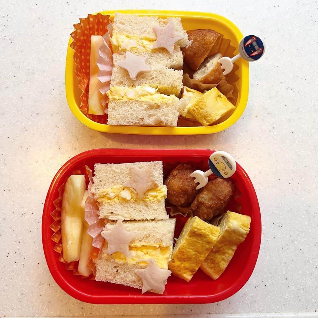 安田美沙子さんのインスタグラム写真 - (安田美沙子Instagram)「今日の茶弁当。  緑なし！笑  ＊手作りパンの卵サンド ＊oisixのナゲット ＊りんご ＊たまごやき ＊ハム  残さないに違いない。 緑のブロッコリー🥦とかトマト食べてほしいなぁ。。  #みさ弁」7月28日 13時56分 - yasuda_misako