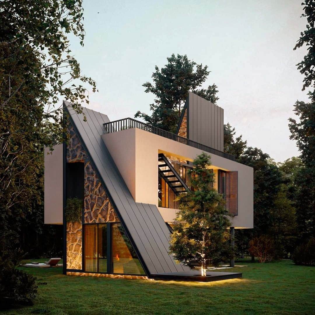 Architecture - Housesのインスタグラム：「𝐉𝐮𝐬𝐭... 𝐈𝐍𝐂𝐑𝐄𝐃𝐈𝐁𝐋𝐄 😯⁣ Architecture and geometry always go hand in hand and this project shows it clearly 🤩. A triangle and a rectangle come together to form a modern home, with clear and simple lines but 𝙛𝙪𝙣𝙘𝙩𝙞𝙤𝙣𝙖𝙡, 𝙖𝙩𝙩𝙧𝙖𝙘𝙩𝙞𝙫𝙚 𝙖𝙣𝙙 𝙡𝙞𝙠𝙖𝙗𝙡𝙚. Whichever way you look at it, it's beautiful: double tap if you agree ❤️.⁣  📐 @aran_architecture  💻 Visualization: @mostafaa_hajizade  📍 Maku, Iran⁣  _____ #architecturehunter #architectureanddesign #amazingarchitecture #arqlovers #interiordesignphotography #arquitecturamoderna #architecturedesign #architecturedaily #architecturephoto #lookingup_architecture #architecturephotography #architecture #architect #engineering」