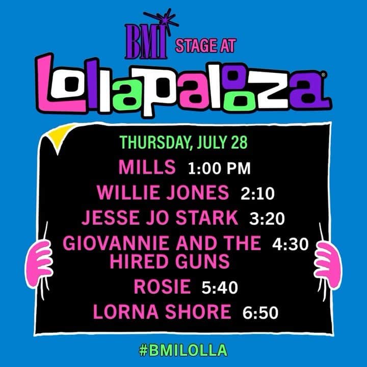 Broadcast Music, Inc.のインスタグラム：「THE MOMENT HAS COME! It's Day 1 of @lollapalooza and we are pumped! Come to the #BMILolla stage today to see @stillMills, @WillieJones, @JesseJoStark, @Giovannieandthehiredguns, @ROSIEmusicc and @LornaShore! #Lolla  @waterloosparkling @titosvodka @jackdaniels_us @dunkin @liquiddeath」