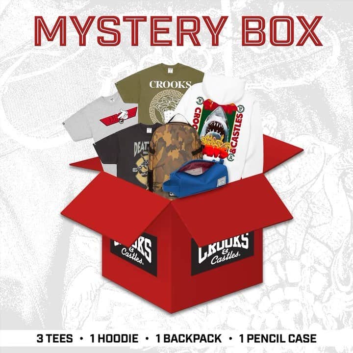 のインスタグラム：「BACK TO SCHOOL MYSTERY BOXES ARE HERE! 🔥📦 Receive FREE SHIPPING and savings of over 60% OFF retail value. Shop before they’re gone👀  ➡️Available at crooksncastles.com  #crooksandcastles #crooks #mysterybox #cantstopthecrooks #jointherulingelite #streetwear #streetstyle #trending」