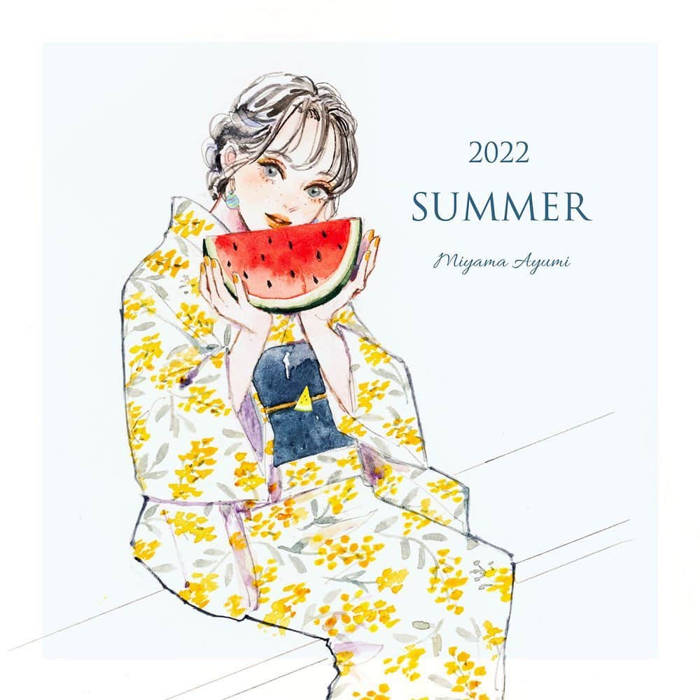 miya(ミヤマアユミ)のインスタグラム：「8月ですね🎐 暑中お見舞い申し上げます🍉  FANBOXでネットプリント配布中です。 https://miyamaayumi.fanbox.cc/  #透明水彩 #暑中お見舞い申し上げます  #winsorandnewton #ウィンザーアンドニュートン  #artwork #watercolor #水彩 #art #illust #illustration #draw #illustrator #イラスト #イラストレーター #手描き #手書き #アナログ #アナログイラスト #ガールズイラスト #miyamaayumi #ファッション #fashion #ファッションイラスト #浴衣 #スイカ #暑中見舞い」