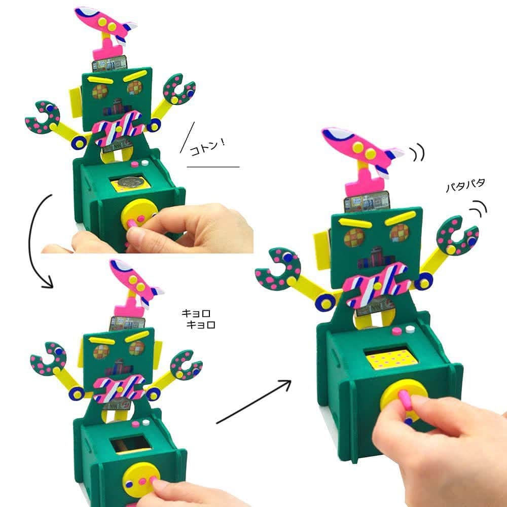 TUKTUKのインスタグラム：「. ロボット貯金箱 ハンドルを回すと、コインが落ちて、手や目が動く、かわいい貯金箱。  ベニヤ板に型抜きされたパーツを手で抜いて、はめこんで作っていくので、工具やボンドも必要ありません。自由に色を塗って、仕上げてくださいね。  #ロボット貯金箱 #貯金箱 #自由研究 #夏休み #なつやすみ #夏の工作 #サマークラフト #tuktuk子ども工作館 #工作キット #工作ワークショップ #ワークショップ」