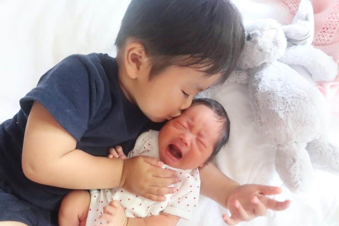 Mai Wakimizuのインスタグラム：「妹愛炸裂の優しいお兄ちゃん♡触りたいチュウしたい抱っこしたい！のぞっこんLOVE♡笑 朝起きたらまず妹の手を握ってギューチュー、隙さえあれば妹が寝てるベビーベットよじ登って隣寝転がってチュー♡お世話好きで、綿棒取ってティッシュ取ってお薬取っておむつ取って、全部してくれる♡笑 この4枚の写真も息子自らの行動で、カメラ越しに叫びたくなるほど愛らしい光景だけど邪魔しないよう必死に息を止めて連写。笑 (4枚目めちゃくちゃ巨人に見える。笑)可愛くて可愛くて仕方ないんだろうな〜♡そんな息子の姿が愛おしくてやたらとハグしてたらママいや！って嫌がられた。がーん。笑 #生後６日目#新生児#女の子ベビー#babygirl #2歳0ヶ月#2歳男の子#兄妹」