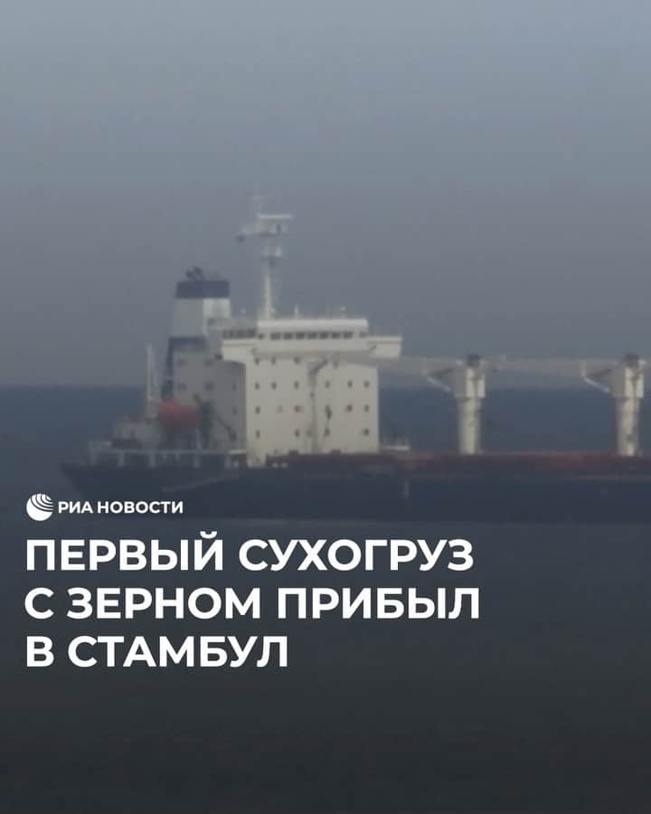 RIAノーボスチのインスタグラム：「Вчера в Стамбул прибыл первый сухогруз с украинским зерном. Сегодня прошел досмотр судна, в инспекции участвовали представители Турции, России, Украины и ООН. Конечная точка маршрута — порт Триполи в Ливане. В конце июля в Стамбуле были подписаны многосторонние соглашения о снятии ограничений на поставку российских продуктов на экспорт и о содействии вывозу украинского зерна.」