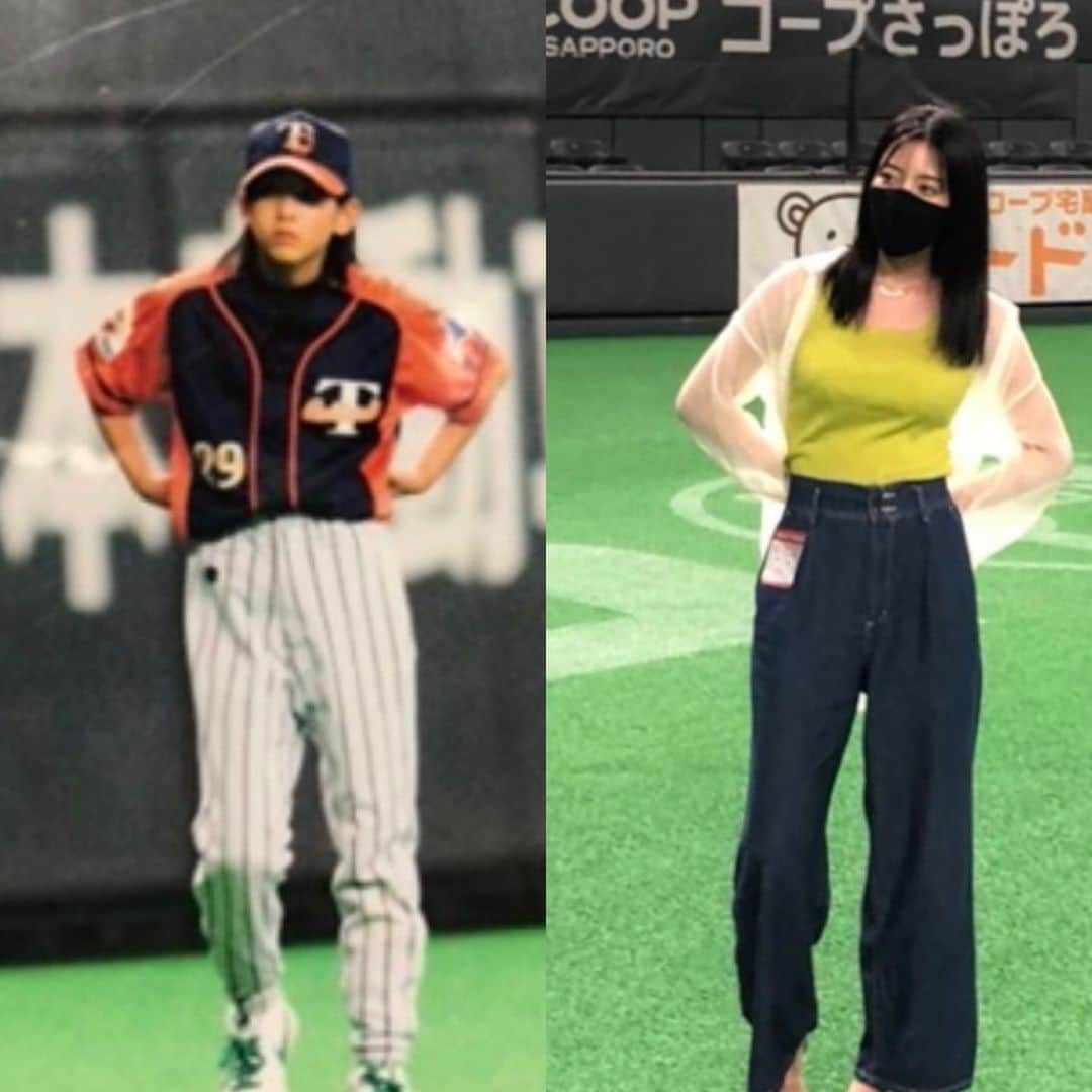 椿梨央のインスタグラム：「明日小さい頃からの夢だった ファーストピッチに臨みます🔥⚾️ . 初めて札幌ドームのフィールドに入ったのは小学6年生。(左の写真) 小4から野球を始めてやっと夢が叶いました！ これもいつも応援して下さっている皆様のおかげです✨ ありがとうございます😊 またファーストピッチをきっかけに1人でも多くの皆様に 女子野球について知ってもらえれば良いなと思います🍀 . . そして明日は家族が見に来てくれるので なんとしてもカッコいい姿を見せたい🔥 . もう昨日から緊張して ご飯が進まないのであたたかい応援メッセージ待ってますね😌💕 . 北海道日本ハムファイターズ🆚 福岡ソフトバンクホークス 是非見に来て下さい♪♪ GAORAでも見れますよ⭐️ . . . . #野球 #野球女子 #女子野球 #プロ野球 #ファーストピッチ #始球式 #北海道日本ハムファイターズ #福岡ソフトバンクホークス #夢 #ファンは宝物 #lovefighters  @fighters_official  @shinjo.freedom  @gaora_sports」