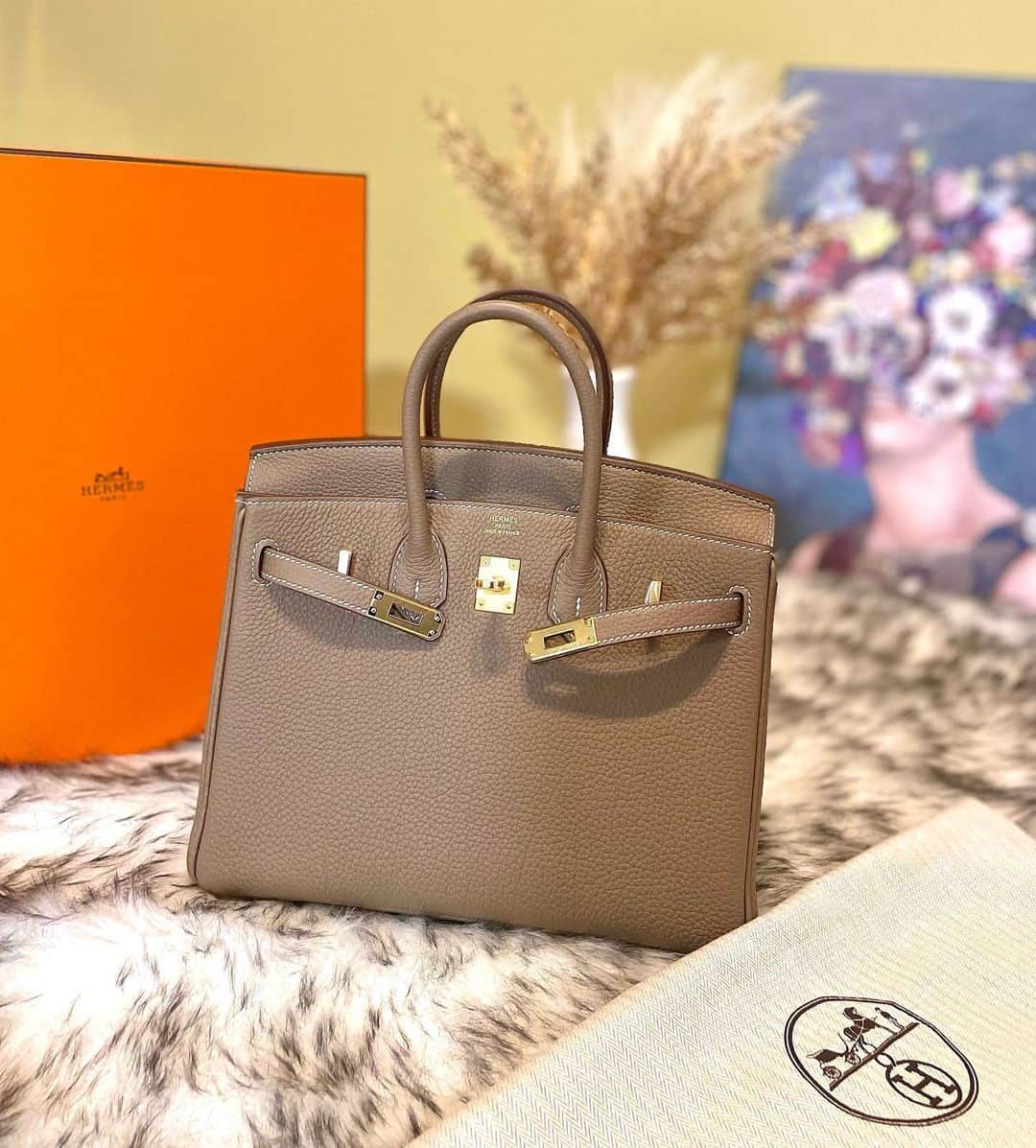 藤咲めいのインスタグラム：「欲しかったエトゥープのバーキン25を買っちゃいました〜🤭💖  迷っててもどんどん高くなるから早めに買ったほうがいいかな〜って🥰  オレンジ色のツイリーが映えてる🍊 次はエプソンのケリー25とコンスタンスミニ欲しいな🫶🏻💗  バーキン25トゴ エトゥープ　ゴールド金具 . . #hermes #birkin25 #birkin #bag #🍊 #fashionitem #バーキン #エトゥープ」