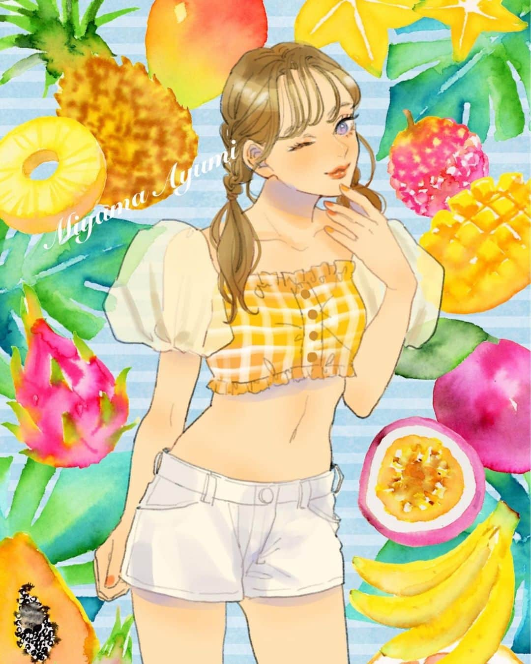 miya(ミヤマアユミ)のインスタグラム：「🍍🥭🍌 トロピカルフルーツ  #ミヤマアユミのイラストアプリ  8月のカレンダーガチャがリリースしました。  📱iPhone https://apps.apple.com/app/apple-store/id1598574697?pt=122442340&ct=ayumi_instagram&mt=8  ※Androidは開発中です。 ※インストールとタロットは無料でお楽しみ頂けます。カレンダーガチャは有料サービスになります。  制作:株式会社EMoshU様  #artwork #art #illust #illustration #draw #illustrator #イラスト #イラストレーター #miyamaayumi #ミヤマアユミ #fashion #メイク #face #デジタルイラスト #ガールズイラスト #digitalart #イラストグラム #fashion #ファッション #ファッションイラスト #ファッションイラストレーション #ガールズイラスト #待受 #夏 #夏コーデ #summer #夏コーディネート #フルーツ #fruit」