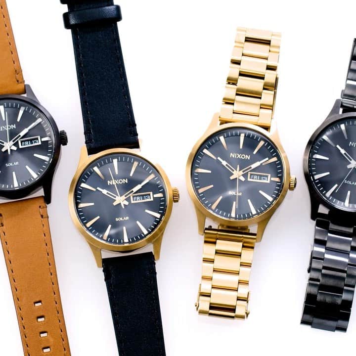 ニクソンのインスタグラム：「Welcome Sentry Solar, the newest sibling in the Sentry family.  Available in stainless steel and leather bands, the Sentry Solar gives you the classic look and feel with a new forward thinking approach.  #Nixon #SentrySolar #FamilyFirst #SunDialed」