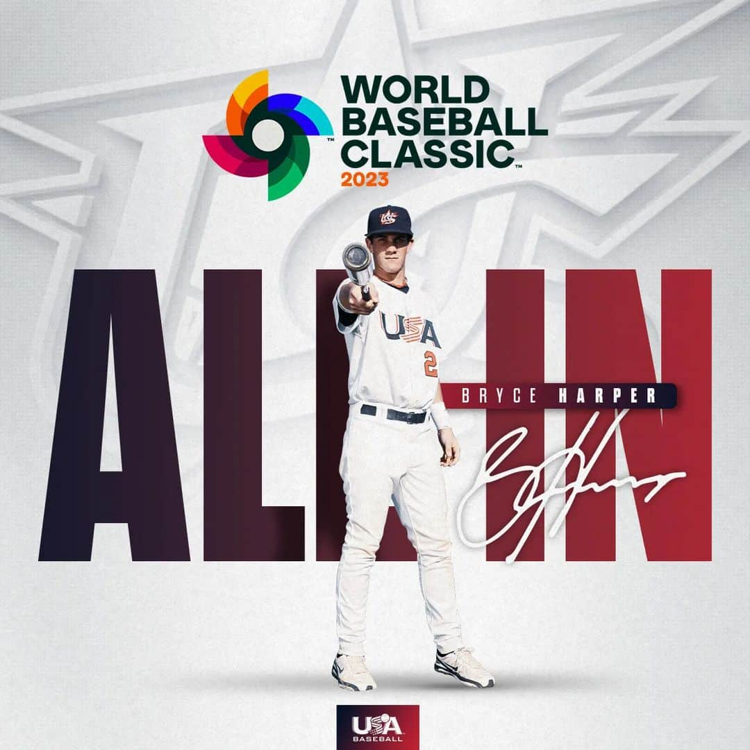 ブライス・ハーパーのインスタグラム：「BRYCE. HARPER.  For the third time, the 2021 NL MVP will represent #TeamUSA as he's ALL IN for the @wbcbaseball 🇺🇸  In his two National Team stints (16U/2008, 18U/2009), Harper has 16-0 record and hit a combined .435 with 26 hits, 27 runs scored, 10 doubles, 6 home runs, 54 total bases 🤯  #ForGlory🇺🇸」