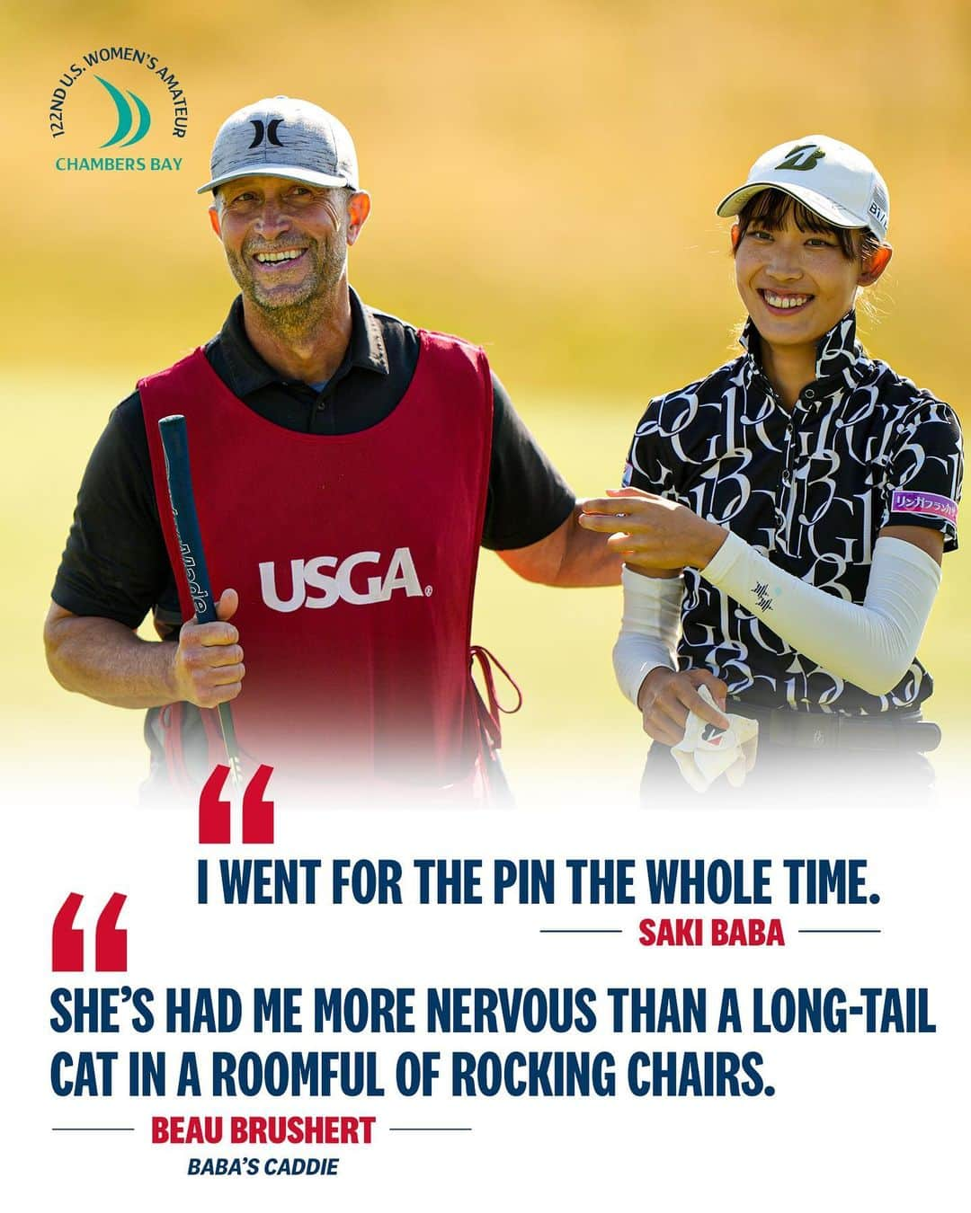 馬場咲希のインスタグラム：「Saki Baba’s aggressive play has earned her a berth in the #USWomensAm final… and given her caddie, Beau Brushert, some gray hairs along the way!」