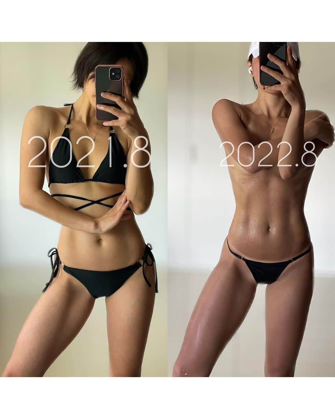 のインスタグラム：「🤘🤘🤘  ◀︎34歳を迎えた私 35歳を迎えた私▶︎  トレーニングを始めて10年くらい。 理想に近づいてると感じれるのはここ2.3年くらい。 特に変化したのはこの1年。  トレーニングでいえば 何が必要で、何が不必要かわかってきて効率よくできるようになったし、とにかく丁寧にするようになったのが大きい😊  そして私の場合は内面もすごく影響していると思う。  毎日のように運動をしていて もちろんノリノリでやる気に満ちた日もあれば、とにかく身体がしんどくてウエアに着替えたものの立ち上がれない日だってあったし、精神的にしんどくて泣きながら動いた日もあった。 そしてもちろん動けないほど落ち込む日だってあった☁️  この一年「更に一つ上の自分」を目標に トレーニングに限らず、日常の中で "苦手なこと、しんどいこと、苦しいことから逃げない"と 決めて約束して行動したし しっかりと向き合ってこれた自信がある🌱  それが偉いというわけでもなく、 今までの私にとってはそうしなければならないのは当然だと気づかせてもらったし、 これからもそうするべきだと思っている。 言うなれば、私にとってやらなければならない 当たり前のことをしただけかもしれない🫥🫥🫥  でもその思いがトレーニングにも影響し 目に見える結果としてこうして表れた。  【内側から強く美しく】  私が『あの人のように努力し続けられる人になりたい』と思うように、 私も誰かのそんな存在になる💪  35歳。まだまだ半人前。 精進して参ります😊」