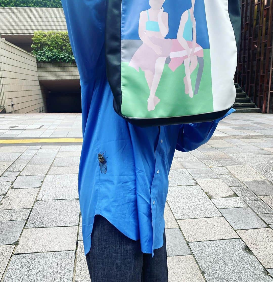 風間ゆみえのインスタグラム：「夏はいろんなことがある。  蝉がブローチになって離れないとか、  触りたくないのに取るまで離れなくて 転生輪廻してきた過去世での恋人だったりするんじゃないかとかまで考えて、笑  このPLAN Cのバッグはやっぱりいいなとか、  今年はこんな笑えることで嬉しい☺️  2022年夏」