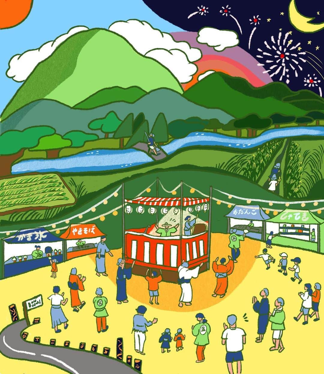 nanamyのインスタグラム：「【Summer WORK】Hello hot summer TOKYO 💦 I would like to share some summer vibes through this artwork I did for Nagano Nebamura newspaper 🌈🌿🏮🧨🌻  今年も嬉しい事に長野県根羽村の夏の新聞にて、表紙を描かせていただきました。久しぶりに開催される盆踊り、人とのつながりがテーマとの事で老若男女、村の人たちが賑やかにつながる姿を大事に描きました。おいしい村のとうもろこしまでいただいてしまい、、今年こそ絶対に訪れたい場所です🌽 Thank you @magiesta825 @populan @neba_mura 💛」