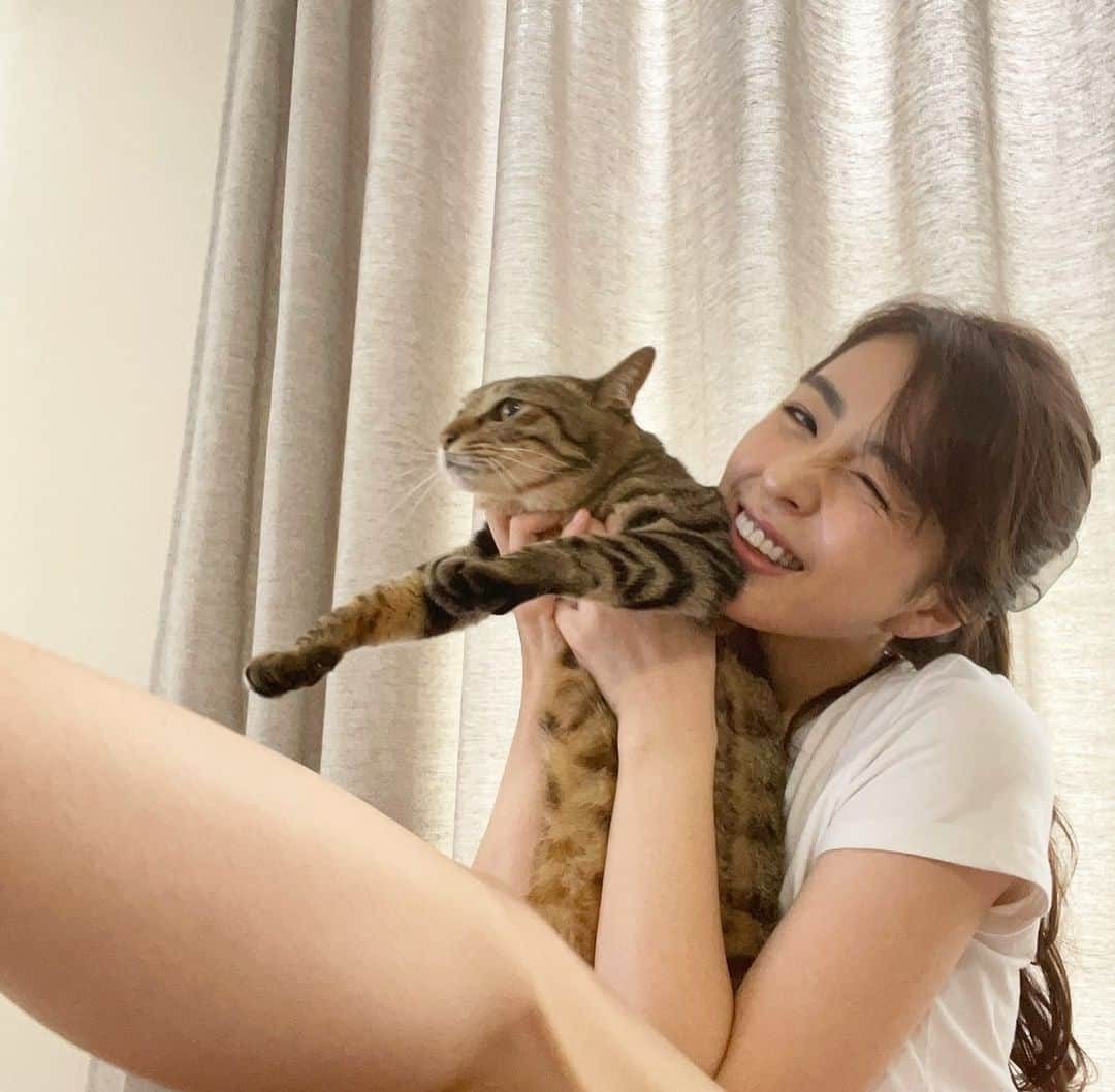 柳ゆり菜のインスタグラム：「今年で5歳になったtinga🐈 との2ショット。  ティンが産まれて3ヶ月の時から一緒に暮らしてるので、 未だに赤ちゃんみたいにマザコンで、 どんな時も呼んだらニャーと返事しながら 走ってくるような子。 元々野良猫ちゃんなので、確かな誕生日は目安。 こうして出会えてよかった！！ とても賢いので、 知恵比べに悩まされる日々。(笑)  抱っこはあんまり 得意じゃないので、 写真撮ろうとしても ブレるブレる。」