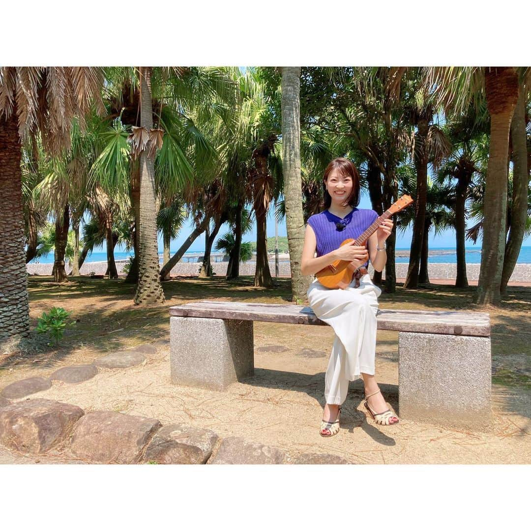 永井友梨のインスタグラム：「夏に海に青島！ ウクレレが似合うロケーションですね🥰  そろそろ飽きられているかもしれませんが、今回も懲りずに弾いております🥺 明日もぜひお付き合いください🙇‍♀️ 残暑にぴったりのグルメをご紹介します❣️  #udoki #ユードキ #青島 #aoshima #ukulele #ウクレレ #アナウンサー」