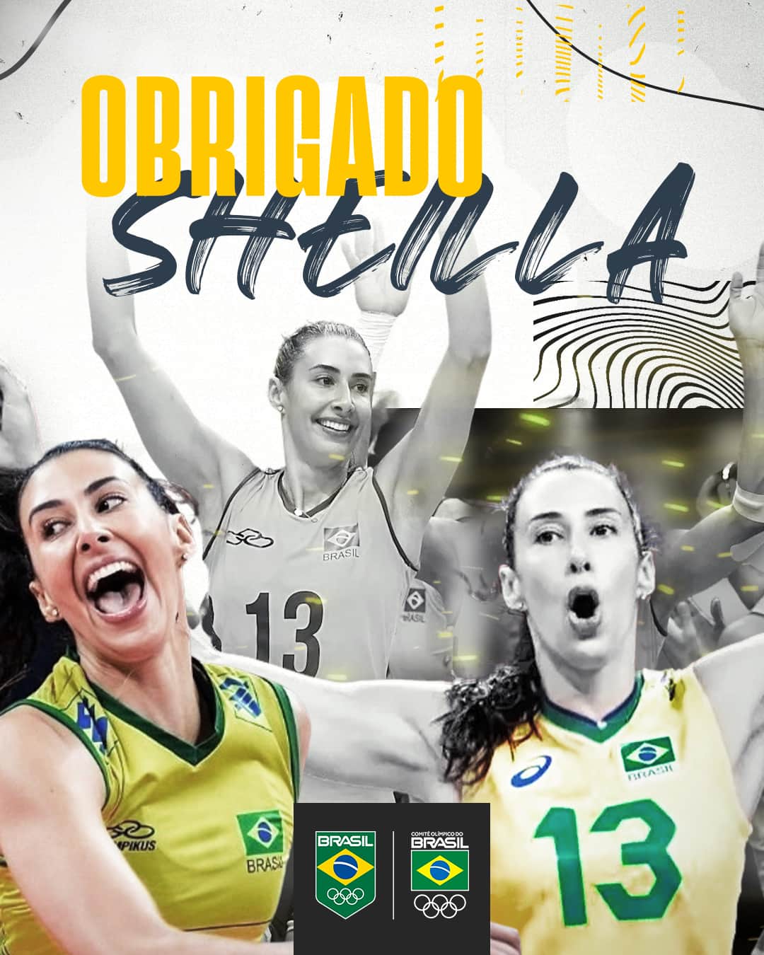 シェイラ・カストロのインスタグラム：「OBRIGADO POR TUDO, SHEILLA! 🏆🏐  Um dos maiores nomes da história do vôlei mundial se despede hoje das quadras.  Quanto talento, quanta garra e quantos momentos inesquecíveis você nos proporcionou, @sheillacastro! 💚💛  #TimeBrasil #Esporte #Vôlei #SheillaCastro #SetFinal #ObrigadoSheilla」