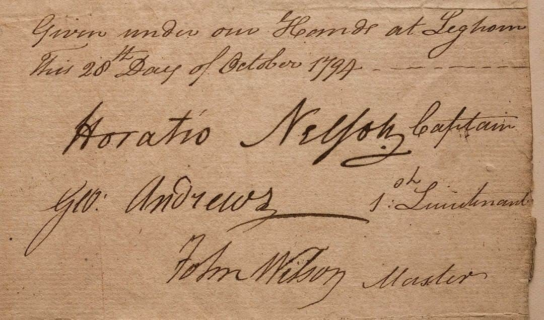 ギーブス&ホークスのインスタグラム：「Original dispatch to the Admiralty, relating to the disappearance of a number of able seamen, presumed not to have deserted but to have been taken by the enemy. Signed on 20th. October 1794 at Leghorn [ Livorno ] by Captain Horatio Nelson in a confident hand before he had lost his right arm in 1797.  The antecedent of Gieves in Portsmouth, Mel Meredith, reputedly made Nelson's uniforms, in particular the one in which he died in 1805.  Meredith's naval tailoring business later formed part of an amalgam of naval tailors which eventually became known solely as Gieves.」