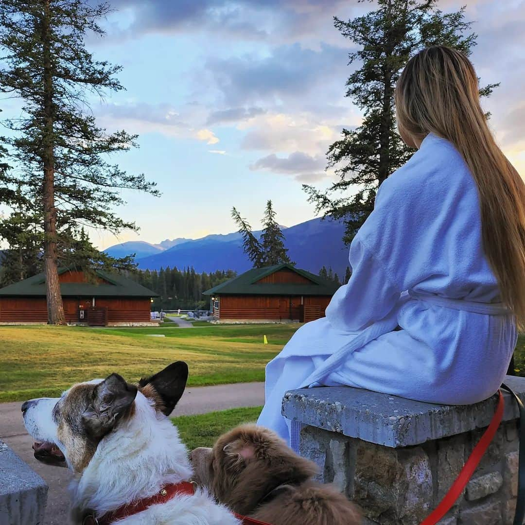 Tonkey Bearさんのインスタグラム写真 - (Tonkey BearInstagram)「Goodnight you absolute beauty @fairmontjpl   Snuggles and sunsets on the steps of our pet friendly room 🐻🐶🌅  #JPL100 #JasperParkLodge #AdventureHere #ThisIsCanada」8月26日 14時09分 - bearcoat_tonkey