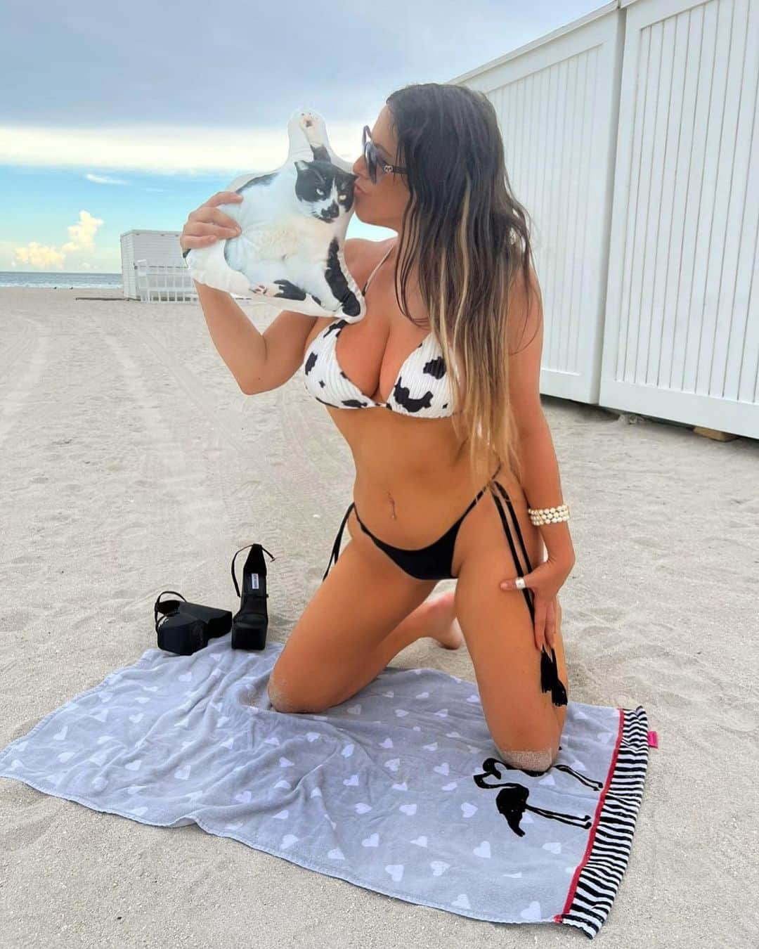 クラウディア・ロマーニのインスタグラム：「1, 2, 3 or 4? ♥️♥️♥️ When Cow Cat .. comes to the beach!!!! 😊 Follow my non profit .. @helpmiamicats  I feed so many community cats daily!!! Pillow by : @thatpillowguy 🐄 🐈‍⬛」