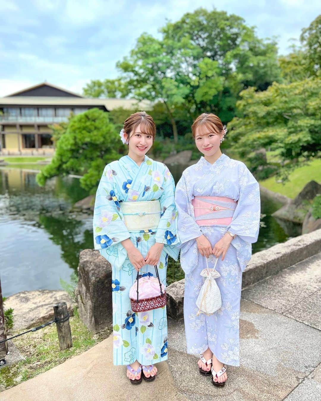 沢井里奈のインスタグラム：「⠀ ⠀ ちせちゃんと浴衣を着て 徳川園でランチ👘🍽🌿  素敵な景色に心穏やかな気持ちになって 美味しいお料理を頂いて、沢山お話して 特別な時間になりました💎✨ ちせちゃんいつもありがとう🥹💕💕  夏の思い出🎐🫧 ⠀ ⠀ #浴衣 #徳川園」