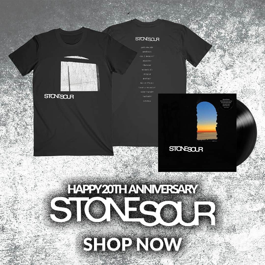 Stone Sourのインスタグラム：「Here we go! It's the 20th anniversary of our first album, and to celebrate, we’ve got our #StoneSour vintage album tee and deluxe vinyl - available NOW at store.stonesour.com. Get it while supplies last! Link in story.」