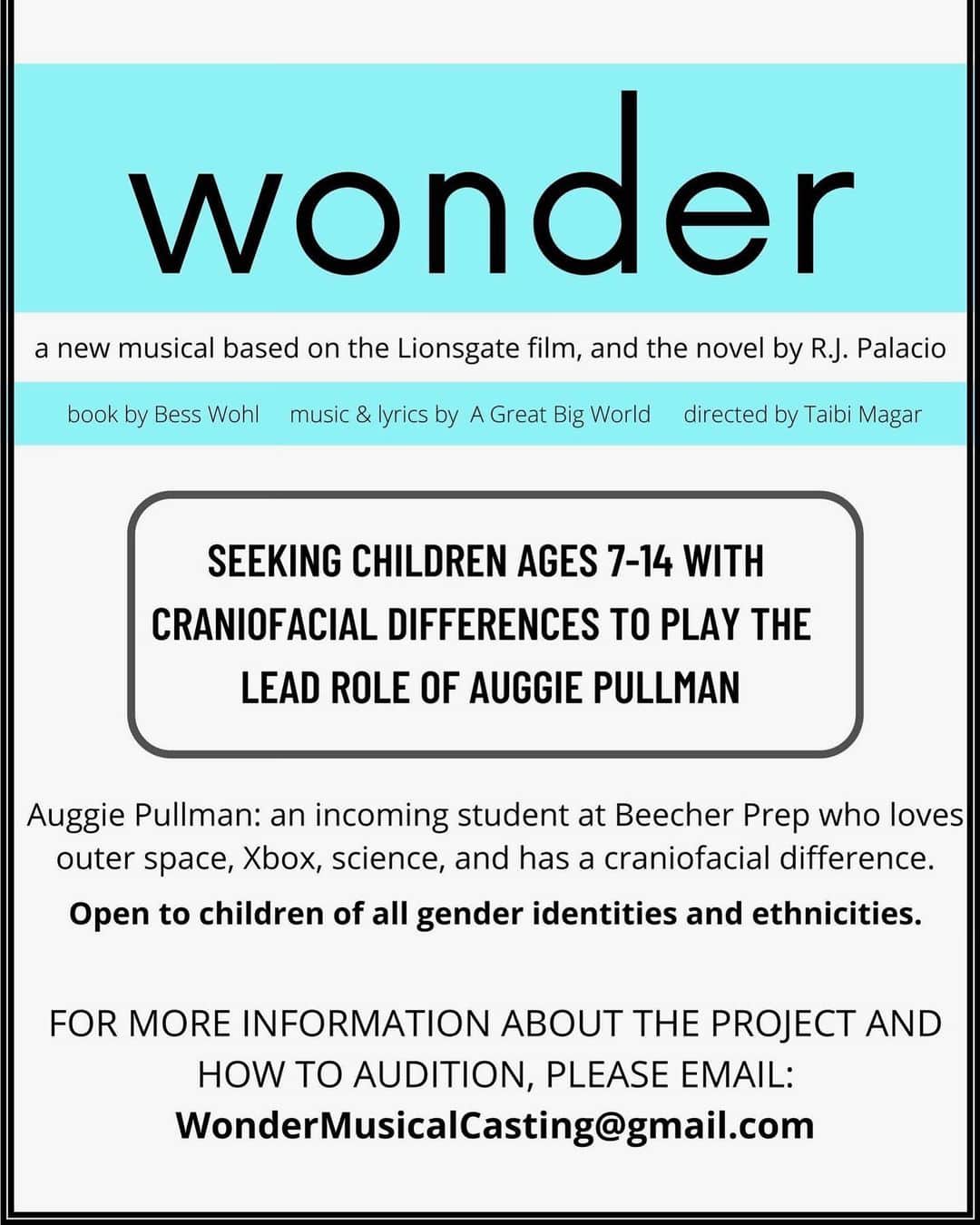 A Great Big Worldのインスタグラム：「Hi! Big announcement! We are so excited to finally share with you that we're working on the musical Wonder, based on the novel by R.J. Palacio and Lionsgate film. It's such a powerful story about acceptance, compassion, friendship, and kindness and we are incredibly proud to be a part of it, and to be working with such an amazing team.  We are beginning the casting process for the musical and need your help! We're doing virtual auditions for Auggie, the lead role, and are looking for children ages 7-14 with craniofacial differences. For more information and how to audition, please email WonderMusicalCasting@gmail.com. Please help spread the word!  Love you all and more soon. ian and chad」