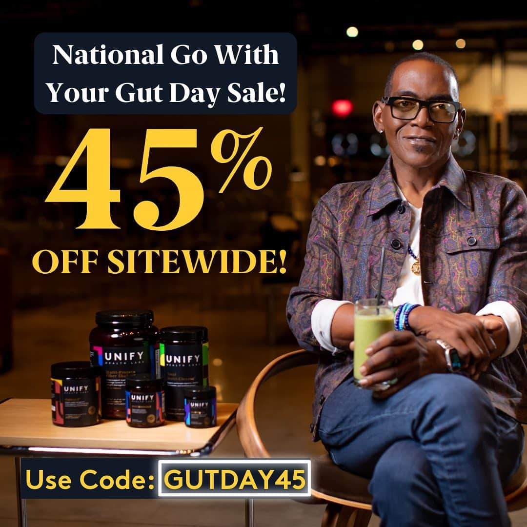 ランディ・ジャクソンのインスタグラム：「Happy #NationalGoWithYourGut Day!⁠ ⁠ Celebrate today with 45% off your favorite Unify products. ⁠ ⁠ Offer only valid on regular-priced sitewide products⁠ ⁠ *Ends September 30th!」