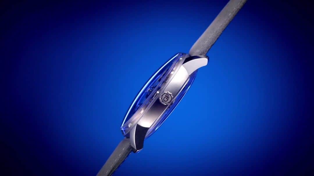 のインスタグラム：「The #TourbillonWithThreeFlyingBridges Bucherer BLUE is endowed with an incredibly sleek skeletonised movement, stunningly light and elegant. The main plate disappears to reveal only the three bridges that support all the mechanical components.」
