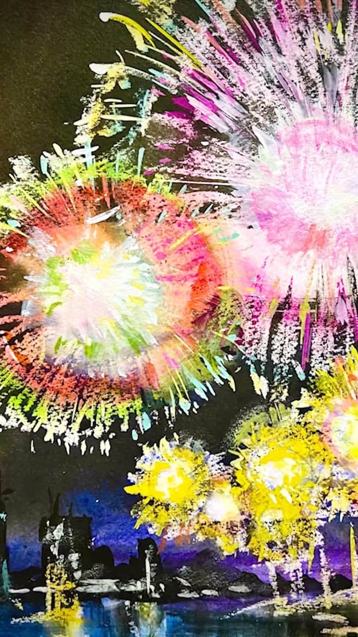 柴崎春通のインスタグラム：「How to draw fireworks with a candle!   【かんたん】身近なアレを使って、打ち上げ花火を描いてみた！  YouTube: Watercolor by Shibasaki   #shiba_watercolor #painting #drawing #fireworks #花火 #ろうそく #描いてみた」