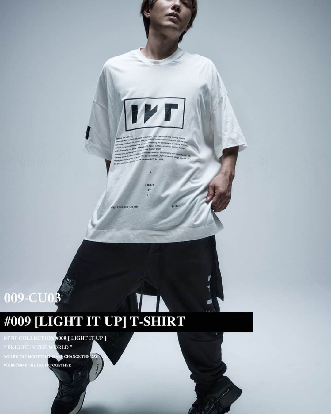 IKEのインスタグラム：「@i_k_e_project_official  COLLECTION #009 ［ LIGHT IT UP ］  ＃009 [ LIGHT IT UP ] T-SHIRT  COTTON 100%の薄手で柔らかい風合いのジャージー素材 ミドル丈ボックスシルエットのIKE定番Tシャツ  @ike1984official  #ike #ike_project #i_k_e  #ike009 #lightitup #アイケーイー」