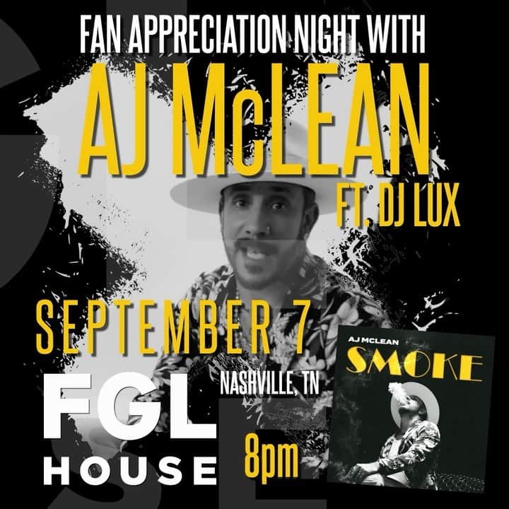 A.J.のインスタグラム：「NASHVILLE! For one night only, I’m doing a special performance with @official_djlux at @FGLHouse on Wednesday, September 7th at 8pm. Admission is free and open to the public!! Stop on by, can’t wait to see y’all.」