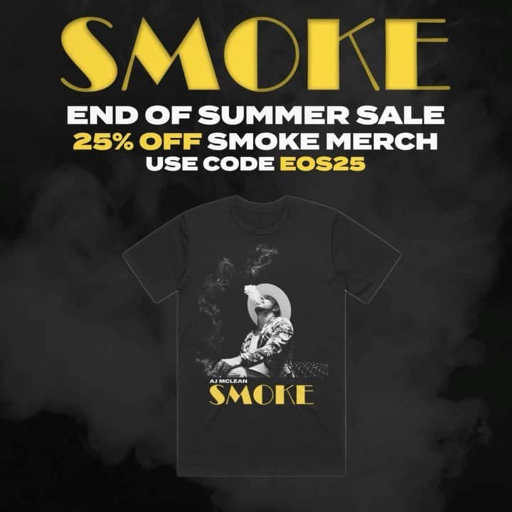 A.J.のインスタグラム：「Surprise!! Get 25% off “Smoke” merch this weekend only. Shop at the link in my stories and use the code “EOS25”!」