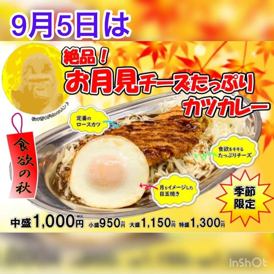 ゴーゴーカレーのインスタグラム：「本日9月5日はゴーゴーDAY❗ トッピングサービス券１枚進呈です✨🦍✨ 季節限定メニュー『絶品！お月見チーズたっぷりカツカレー』絶賛販売中！ 今日は、ゴーゴーカレーへGOGO‼️💕  🍛ゴーゴーカレー公式通販ページ https://jp.gogocurry.com/ 🍛ゴーゴーカレー公式YouTube　 【開運ゴリラ】で検索！登録お願いします⭐️ 🍛 Instagram https://www.instagram.com/gogocurry55/ 🍛 Twitter https://twitter.com/GOGO_CURRY​ 🍛TikTok始めました❣ 【ゴーゴーカレー公式】で検索  #ゴーゴーカレー #curry #金沢グルメ #gogocurry #カレー #金沢カレー　#テイクアウト　＃デリバリー　#レトルトカレー　＃ゴーゴーデー　#カレーで元気　　#今日のランチ　#月見　#チーズカレー　#チーズ」