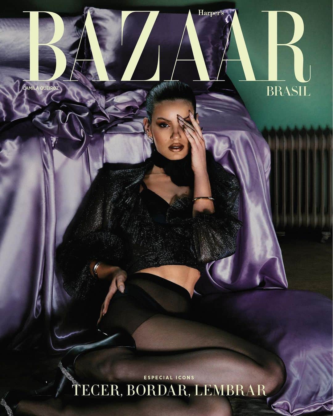 Camila Queirozのインスタグラム：「@camilaqueiroz é nossa! A apresentadora, atriz e modelo mais sexy do pedaço aparece em clima noir na #BazaarSetembro - misteriosa e cheia de brilhos, dá o tom da temporada. Nesta capa, Camila usa top e calcinha @intimissimibrasiloficial, meias @calzedonia, blusa @ysl na @froufrou.vintage, brincos e pulseiras @tiffanyandco e sapatos @beirarioconfortooficial. *** Entrevista: @aloister Fotografia: @lufreee Stylist: @renatacorrea Beauty artist: @silviogiorgio Nail artist: @stephanimauricio Coordenação executiva: @octavio.od (@odmgt) Produção executiva: @leonardoolavo + @biadallolio + @i.patrickferreira Set design: @joaoarpi Tratamento de imagem: @telhacriativa Assistente de fotografia: @cassianolopesjf Assistente de beauty: @yanthibrignol Assistente de styling: @rtatsuo + @marianoanac Camareira: Mag Catering: @roccopanne  Management Camila Queiroz: @13thprod」