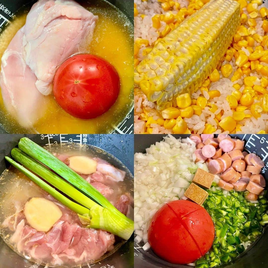 横山みれいのインスタグラム：「炊飯器に入れるだけご飯シリーズが4枚たまったので🍅🌽🫑🧅🐥 ⁡ 切ってスイッチ入れるだけでできる炊き込みご飯、楽ですきー！ ⁡ ⁡ #ハイライトに夕ごはんメニュー備忘録のせてます🍚 #グッズやスペシャル動画はリンクのミレイチャンネルPlusから💛 #ミレイチャンネル #ホーム画面からとべます☝️」