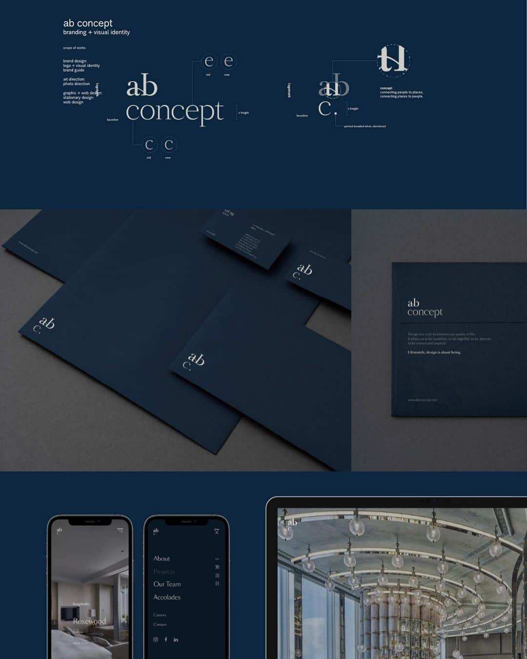 川上俊のインスタグラム：「[new works]   ab concept ltd. @ab_concept   corporate branding + visual identity  brand design: logo + visual identity brand guide art direction: photo direction graphic + web design: stationary design web design  We were approached by architect Terence Ngan and interior designer Ed Ng to rebrand their design studio ab concept founded in 1999 in Hong Kong. We were in charge of rebranding their C.I. (Corporate Identity), encompassing the logo, V.I., web design, and stationary design.  ab concept has been a creative partner to leading hospitality brands around the world for over 20 years, providing comprehensive interior design and creative direction as well as furniture, lighting, and textiles designs. Inspired by their mantra of, “Ultimately, design is about being.”, our goal was to create a brand identity that brings in elements of a human-touch while maintaining the timelessness present in ab concept’s work.  By connecting the initials of "about being", the logo expresses the various connections that ab concept values—craft and industry, scale and intimacy, people and places.  The brand colors of deep blue and light gray represents both elegance and modernity, while the humanist font, Sang Bleu, ties together this delicate balance to evoke a sense of silent authority. Designed with meticulous attention to every detail, we strive to create a brand design that accompanies ab concept’s journey to a new phase of exploration and maturity.  -- branding : artless Inc. creative direction & art direction: shun kawakami graphic & web design: thomas zimmerman + shinsaku iwatachi web programming : adrien dufond project management : asami kinoshita client: ab concept ltd.  -  P.S. @edng.terencengan  Thanks a lot :)」