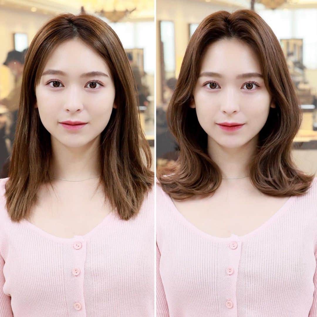 佐藤 康文のインスタグラム：「韓国ヘアbefore→afterです✨ ※ ※ 韓国ヘアは小顔効果抜群で、どんな顔型にも合うのでおすすめです✂️ ※ コテはRefa32ミリです ※ 仕上げはトラックオイルNO.3です ※  #韓国ヘア#韓国風ヘア #韓国ファッション#グレージュ#ミルクティーベージュ #デザインカラー #インナーカラー#外ハネ#美容師#美容院 #撮影モデル#ヘアスタイル#ヘア#アレンジ#ヘアアレンジ#hair#hairstyle #ヘアカラー#ヘアカタログ#ヘアセット#髪質改善#名古屋美容室 # 名古屋美容院#」