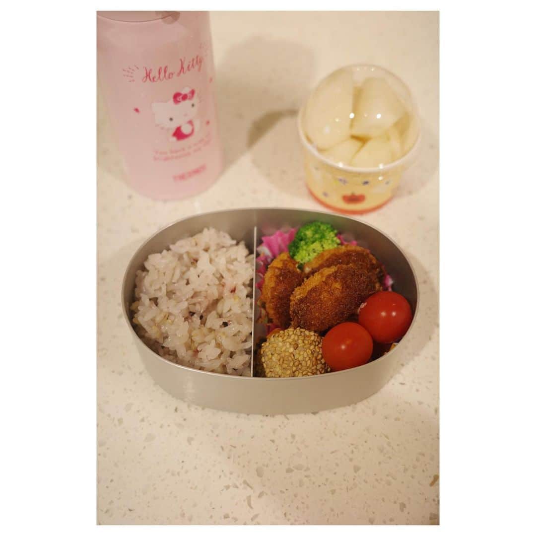 のインスタグラム：「* 時間の無い朝は冷凍のおかずに助けてもらいます✨(その方が笑顔な気もする🙄) 娘の大好物のチーズ入りささみと胡麻団子をポン 果物は梨 水筒の中身はノンカフェインの生茶  昨日の十五夜 我が家からお月様は見られなかったけど、唄いながら工作をしたり、お団子を楽しみました✨  工作に使う材料、身近にあるものを再利用したり100円ショップや文房具屋さんで ついでに見つけた物が、昨日投稿した懐かしシリーズです☺️ 共感の声が多くて嬉しかった𓂃✨  * #お弁当」